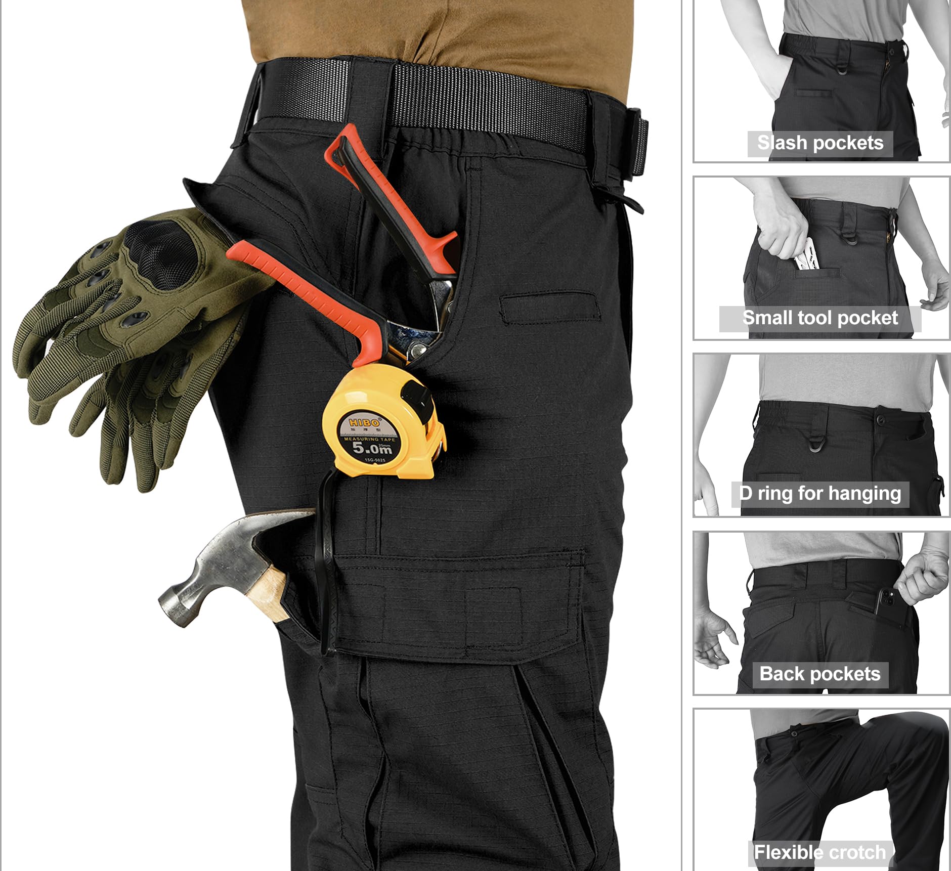 Men's Ripstop Work Cargo Pants, 8-Pocket Utility Hiking Trousers with Stretch Water-Resistant Fabric & Side Elastic Waist