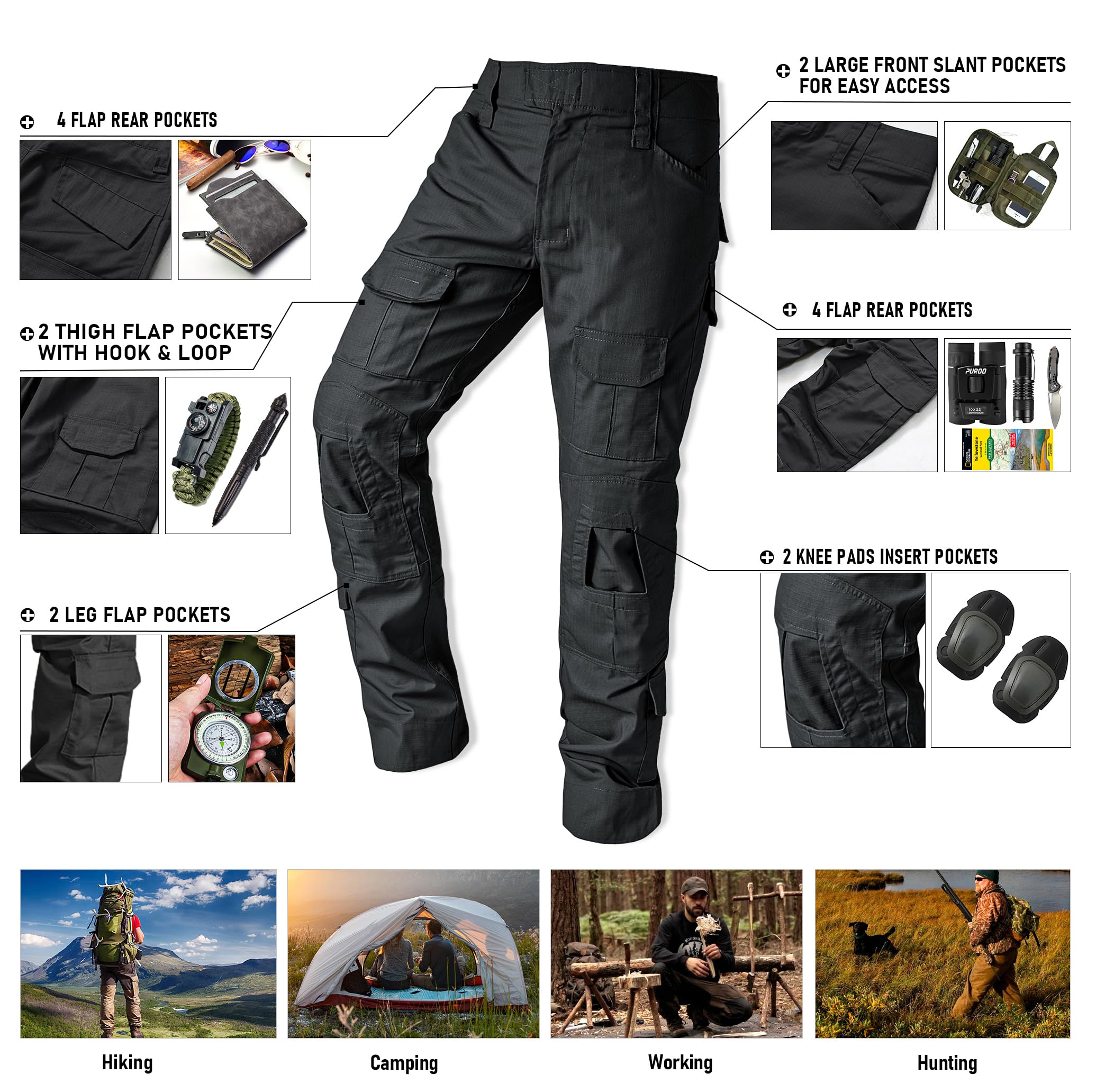 VANIYU Men’s Work Cargo Pants with Knee Pads – Water Resistant Hiking & Construction Pants with 10 Pockets, Adjustable Waist & Ankle