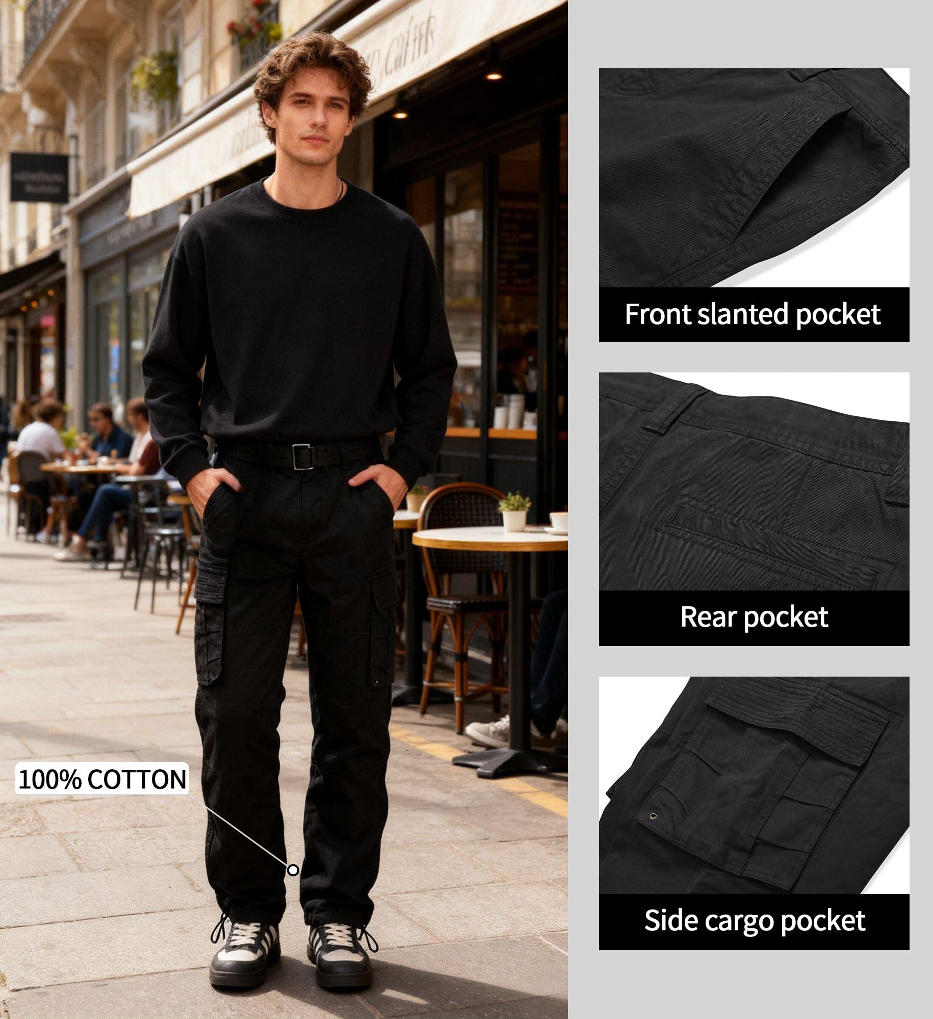 Men's Relaxed Fit Cargo Pants,Cotton Camo Work Pants with 6 Pockets,Durable Outdoor Utility Hiking Pants,No Belt