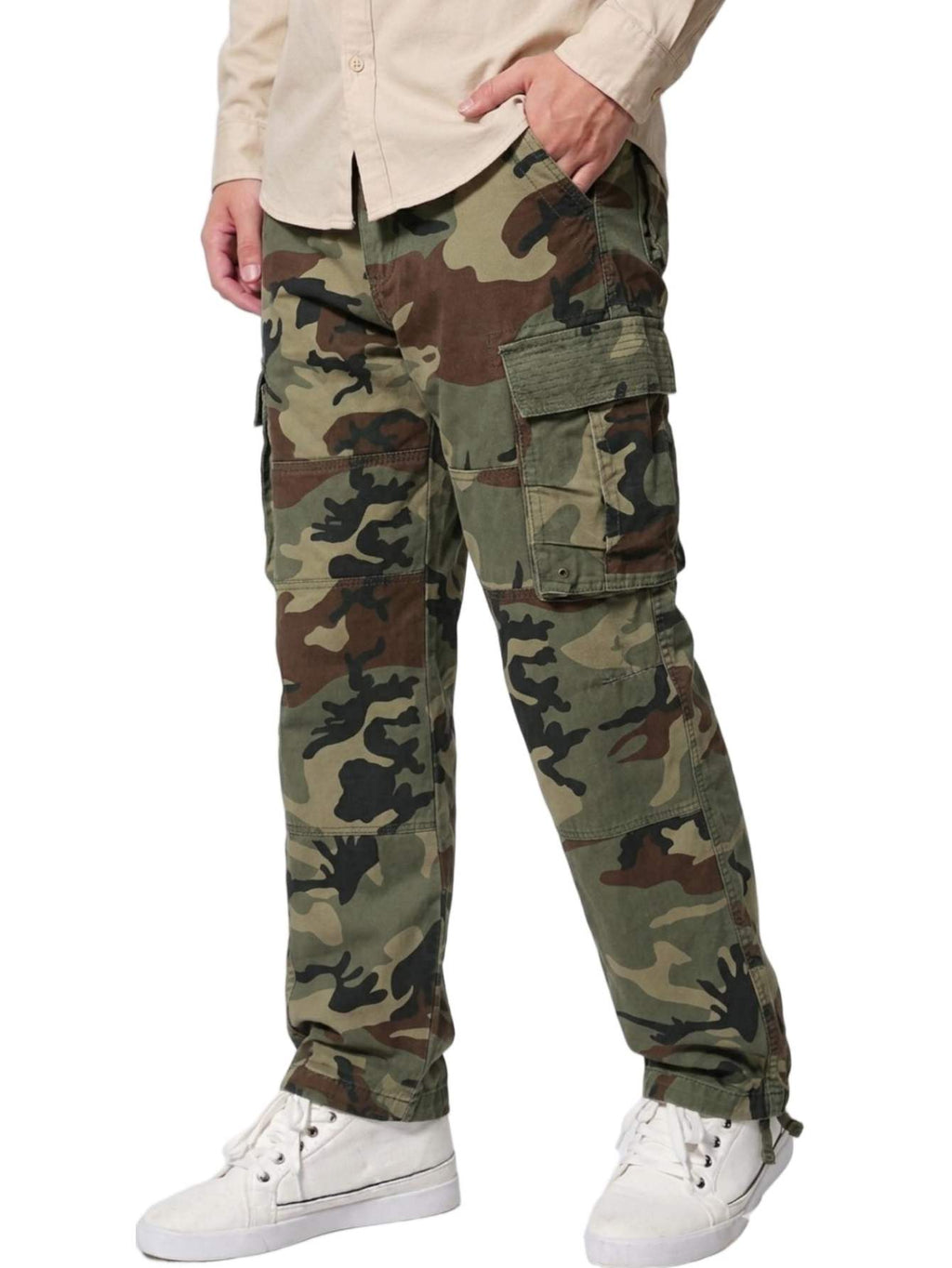 Men's Relaxed Fit Cargo Pants,Cotton Camo Work Pants with 6 Pockets,Durable Outdoor Utility Hiking Pants,No Belt