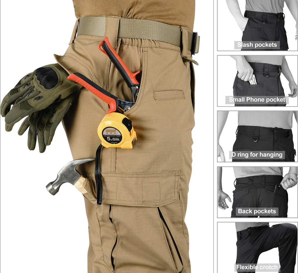 Men's Ripstop Work Cargo Pants, 8-Pocket Utility Hiking Trousers with Stretch Water-Resistant Fabric & Side Elastic Waist
