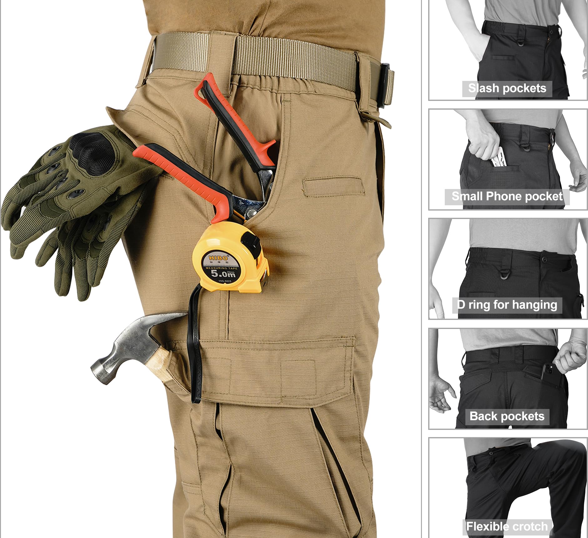 Men's Ripstop Work Cargo Pants, 8-Pocket Utility Hiking Trousers with Stretch Water-Resistant Fabric & Side Elastic Waist